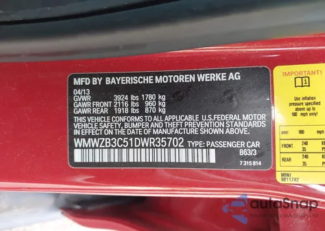 2013 Mini Countryman Cooper from USA, damaged, VIN WMWZB3C51DWR35702